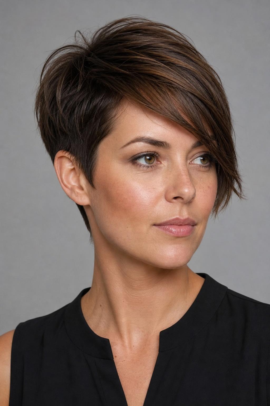 Pixie with a Long Side-Swept Fringe Covering a Wide Forehead on Brown Hair
