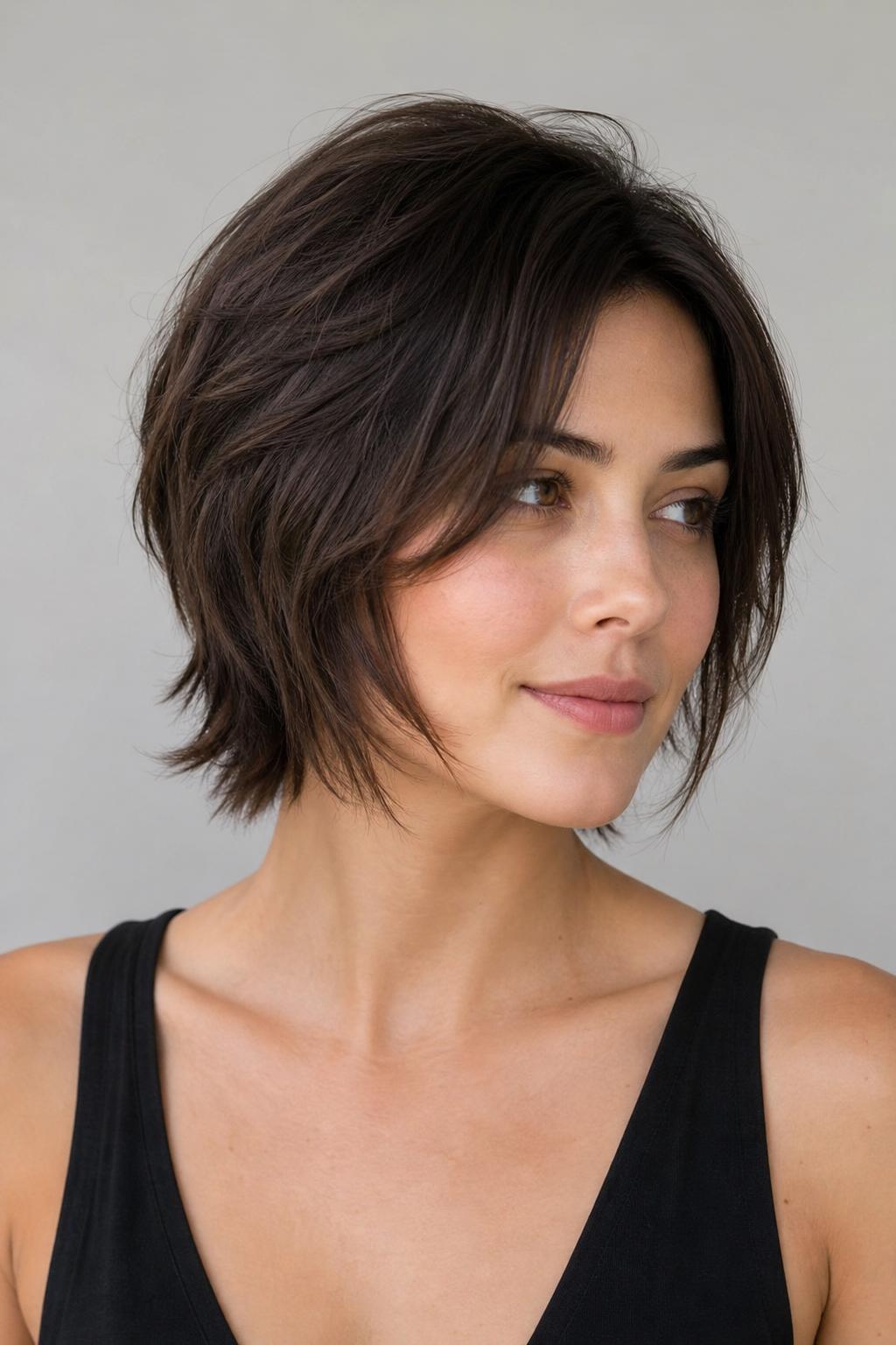 Longer Pixie with Sliced Layers and Soft Movement Toward the Chin on Dark Hair