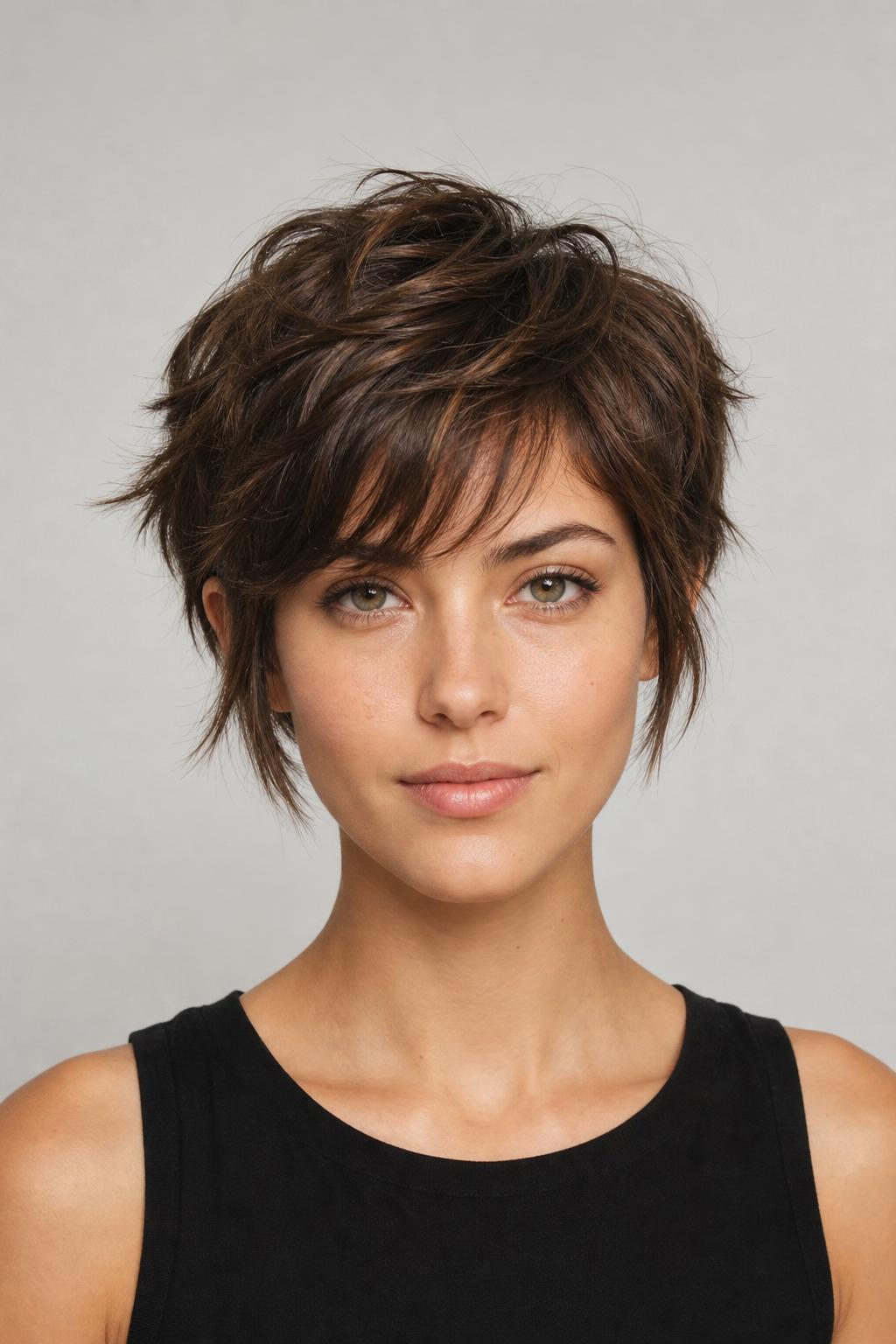 Tousled Pixie with Piecey Texture Falling Toward the Jaw on Brown Hair