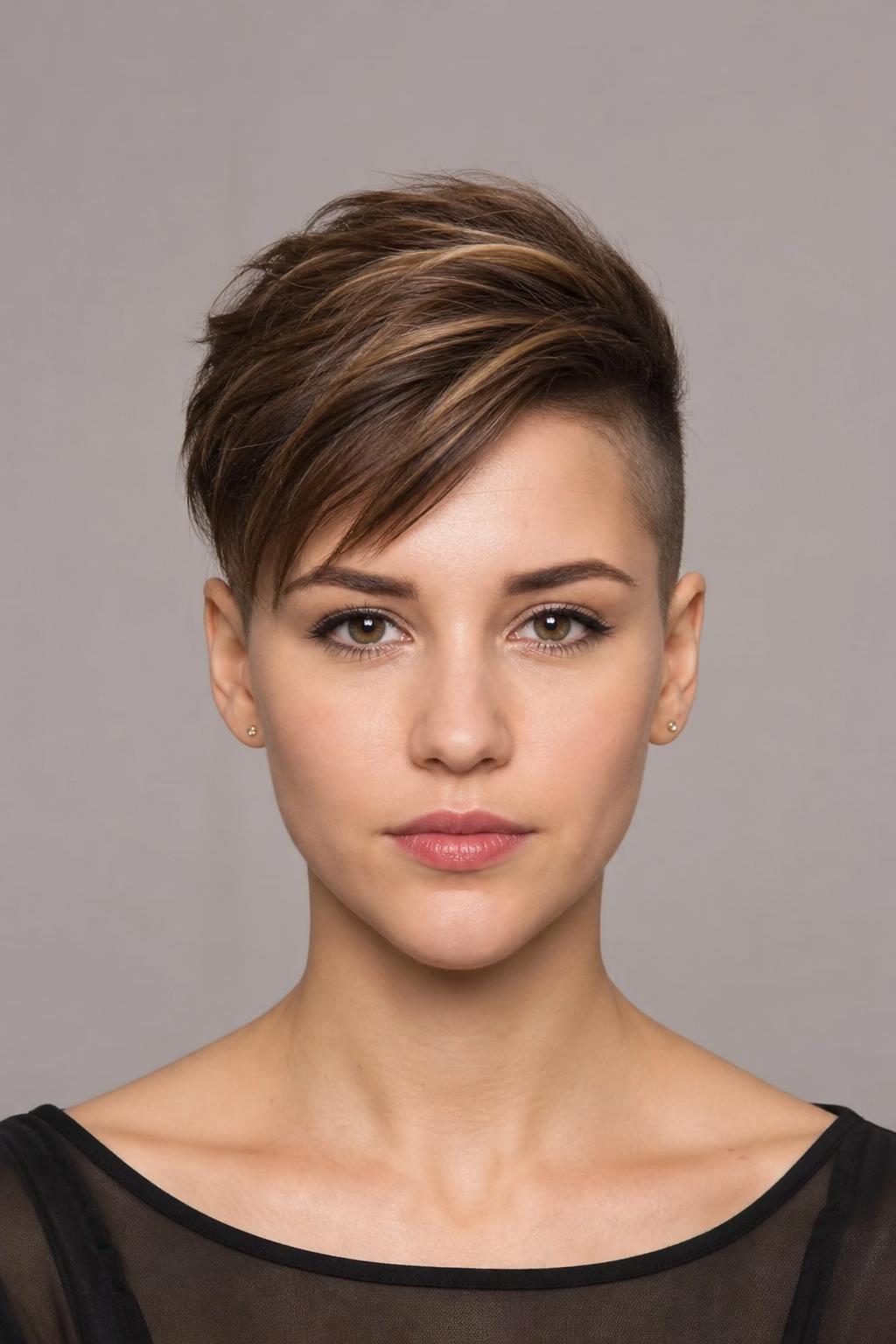Undercut Pixie with a Long Top Swept Across a Wide Forehead on Brown Hair