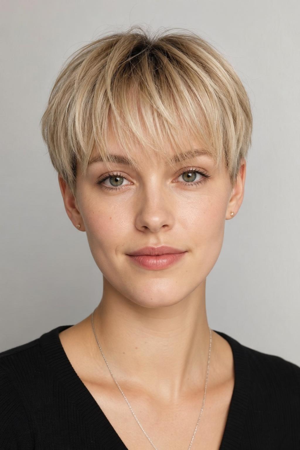 Pixie with a Soft Wispy Full Fringe Grazing the Brows on Fine Blonde Hair