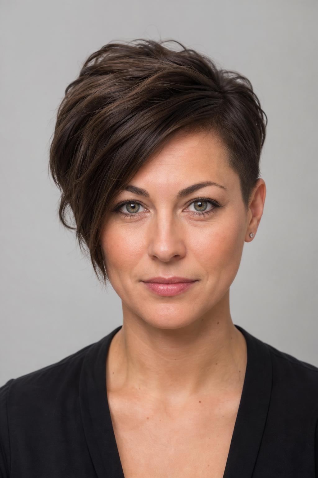 Deep Asymmetric Side-Part Pixie with Heavy Swept Side and Tapered Short Side on Dark Hair