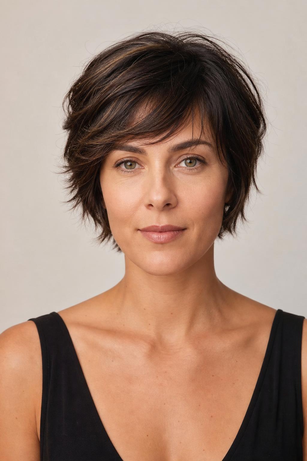 Bixie Cut with Side Pieces Below the Ear and Cropped Back on Medium Natural Brunette Hair