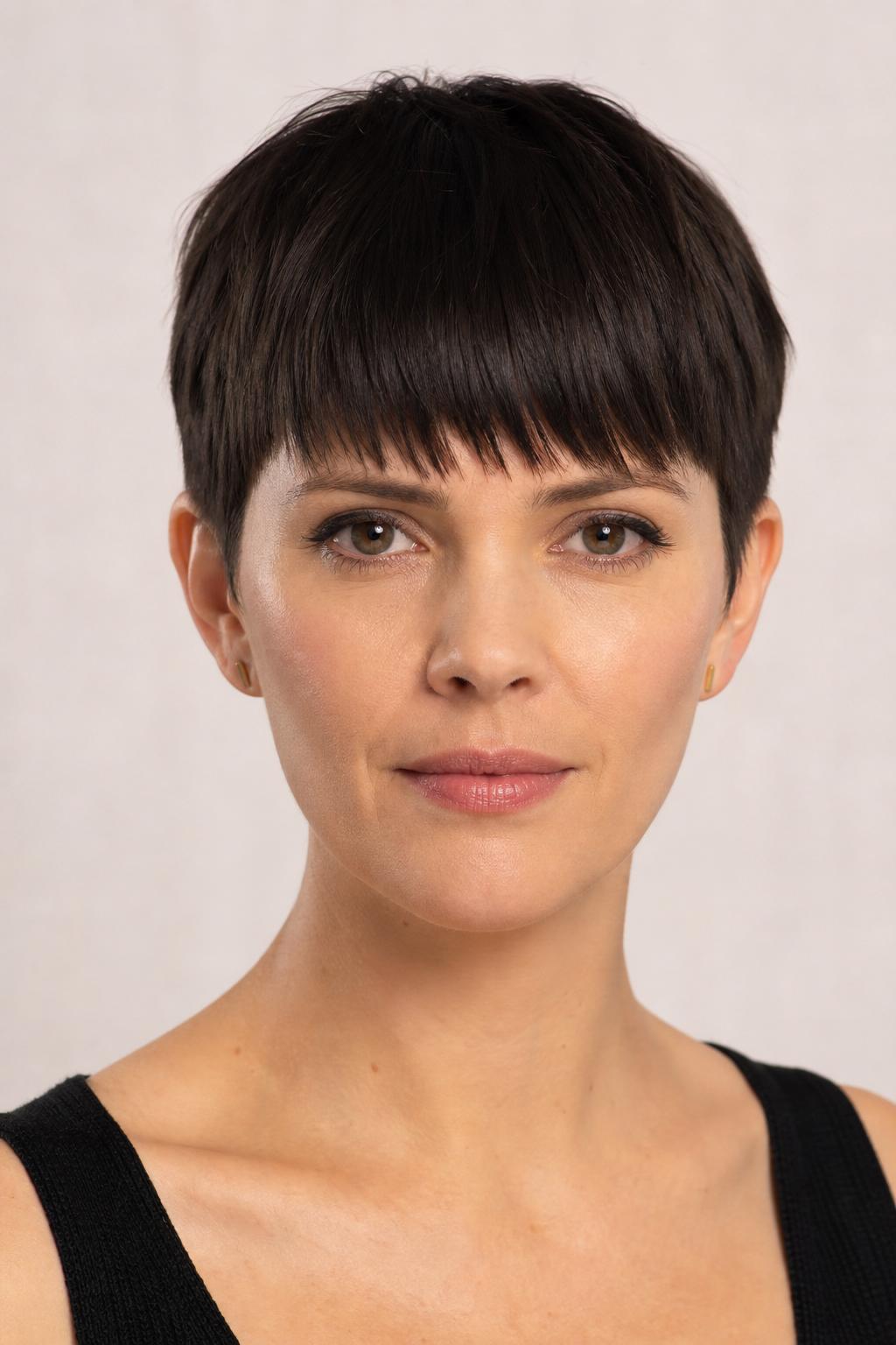 Blunt Full Fringe Pixie with Straight-Across Fringe at Eyebrow Level on Dark Brunette Hair
