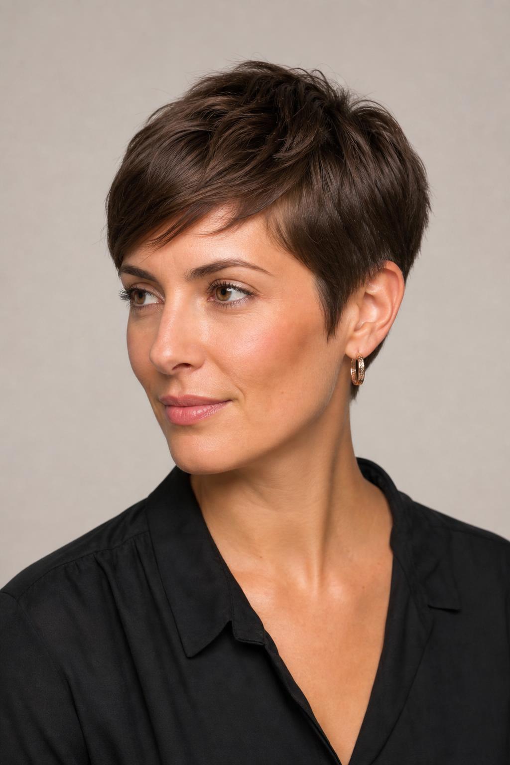 Classic French Pixie with Slightly Longer Crown and Soft Front Piece on Medium Brown Hair
