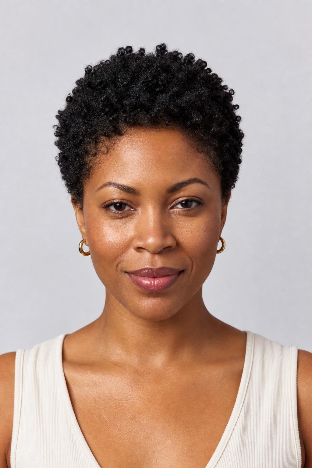 Natural Coily Cropped Pixie with Defined Short Coils on Dark Natural 4c Hair