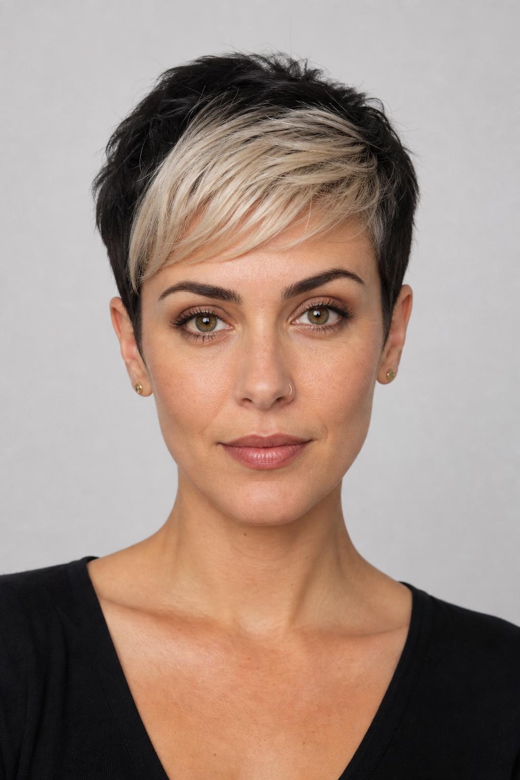 Color-Block Fringe Pixie with Contrasting Color on Fringe Section Only on Dark Brunette Hair