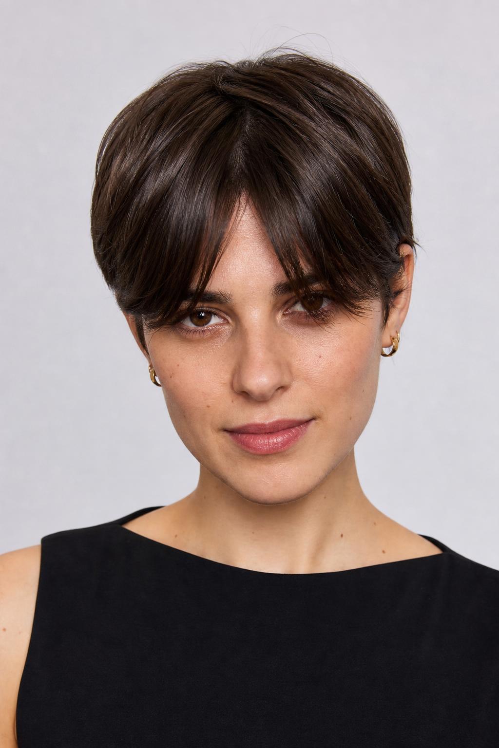 Curtain Fringe Pixie with Center-Parted Fringe Falling Below Both Eyebrows on Medium Brunette Hair