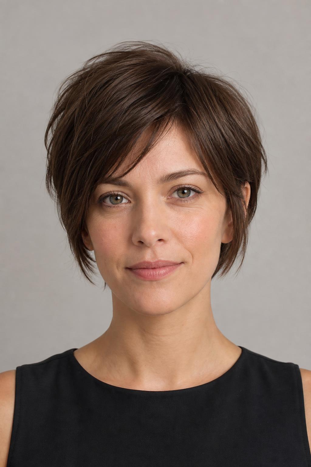 Ear-Grazing Longer Pixie with Sides Reaching the Ear Level and Layered Crown on Straight Medium Brown Hair