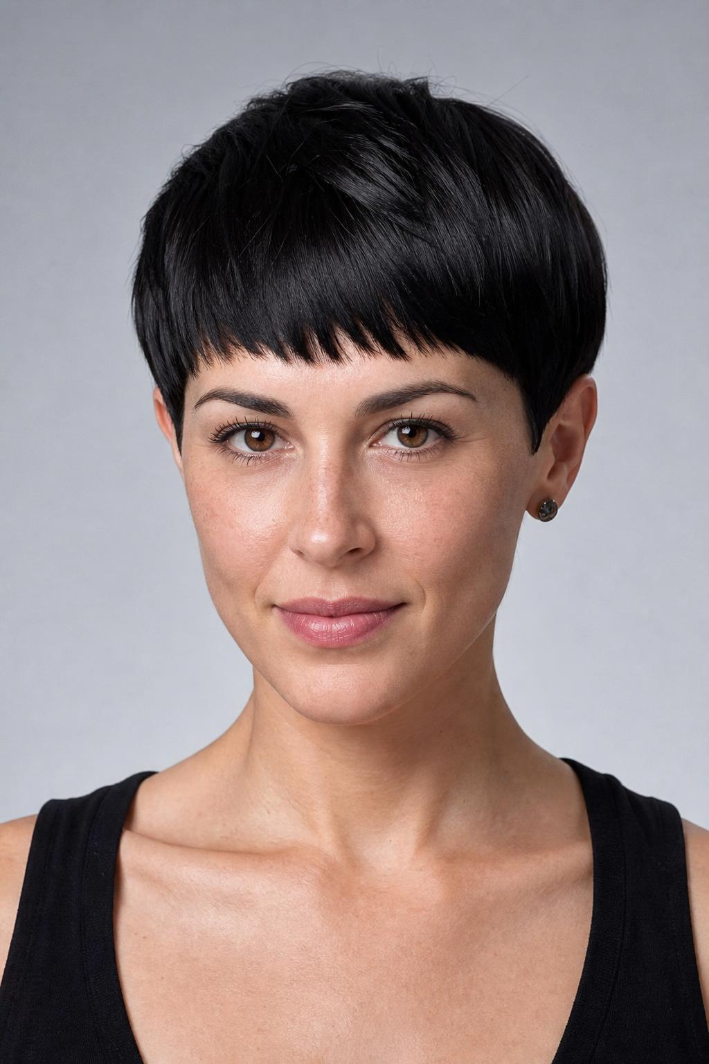 Angular Geometric Crop Pixie with Sharp Perimeter Lines and Defined Edges on Straight Black Hair