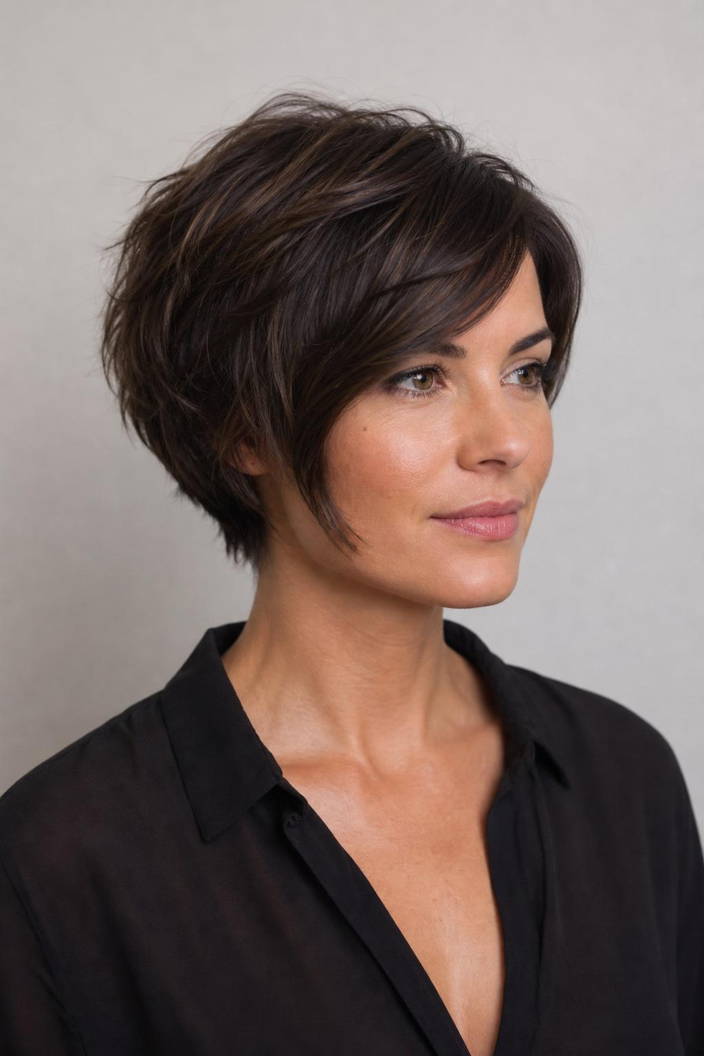 Graduated Bixie with Stacked Back and Longer Front Sections Reaching the Cheekbones on Brunette Hair