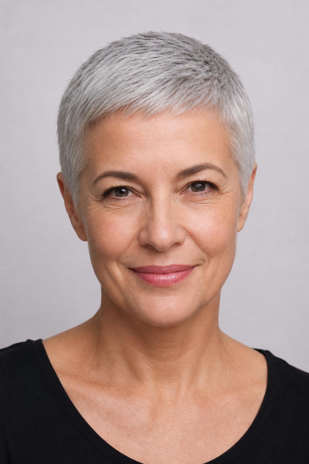 Micro Crop Pixie at Half-Inch Length on Oval-Faced Woman with Natural Silver Hair