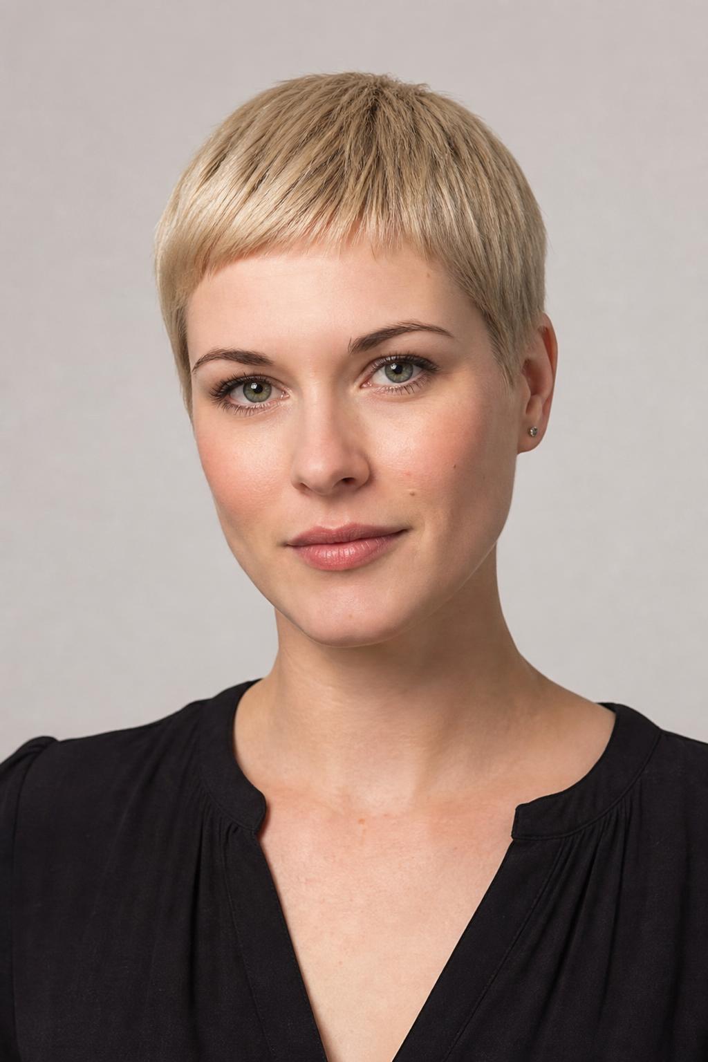 One-Length Close Crop with Tapered Nape on Fine Blonde Straight Hair for Oval Face