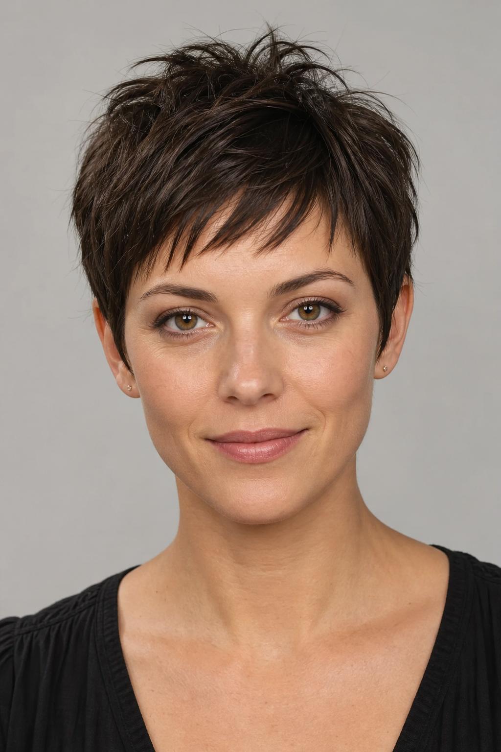 Point-Cut Piecey Crown Pixie with Separated Textured Layers on Medium Brunette Straight Hair