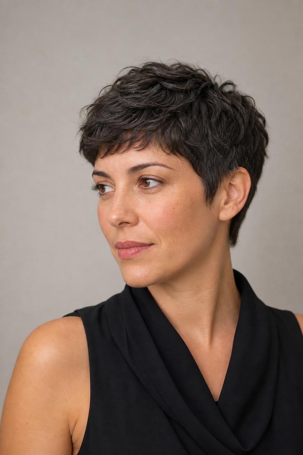 Razor-Cut Feathered Pixie with Soft Feathered Edges on Medium Wavy Brunette Hair