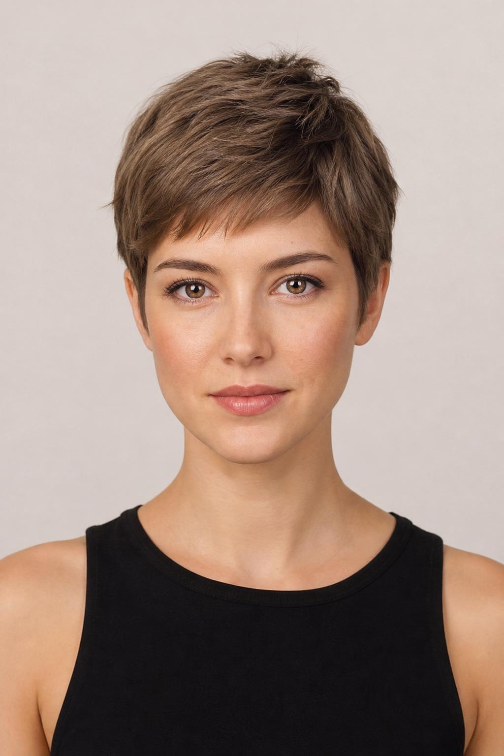 Simple Short Crop Result with Tapered Nape and Slightly Longer Crown on Ash Brown Hair