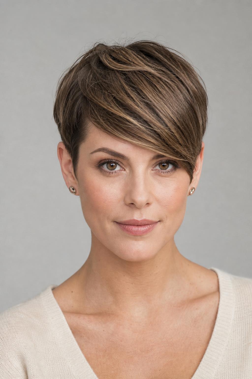 Side-Swept Fringe Pixie with Long Diagonal Fringe on Medium Light Brown Hair
