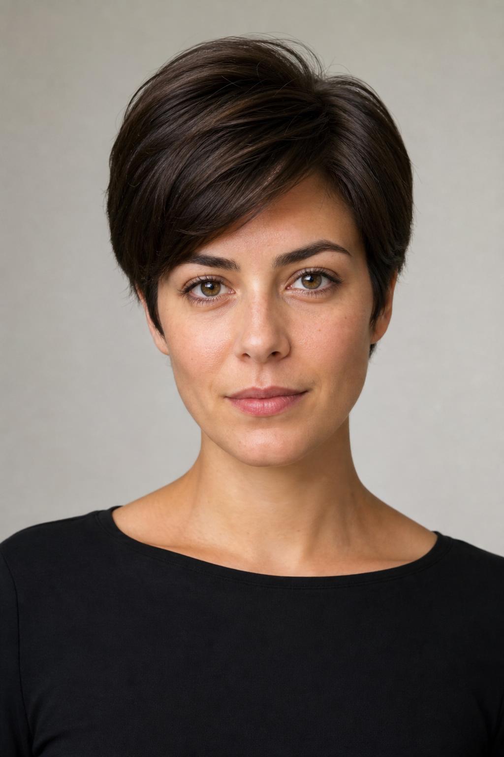 Sleek Blowout Short Crop with Round-Brush Volume at Crown on Straight Medium Brunette Hair