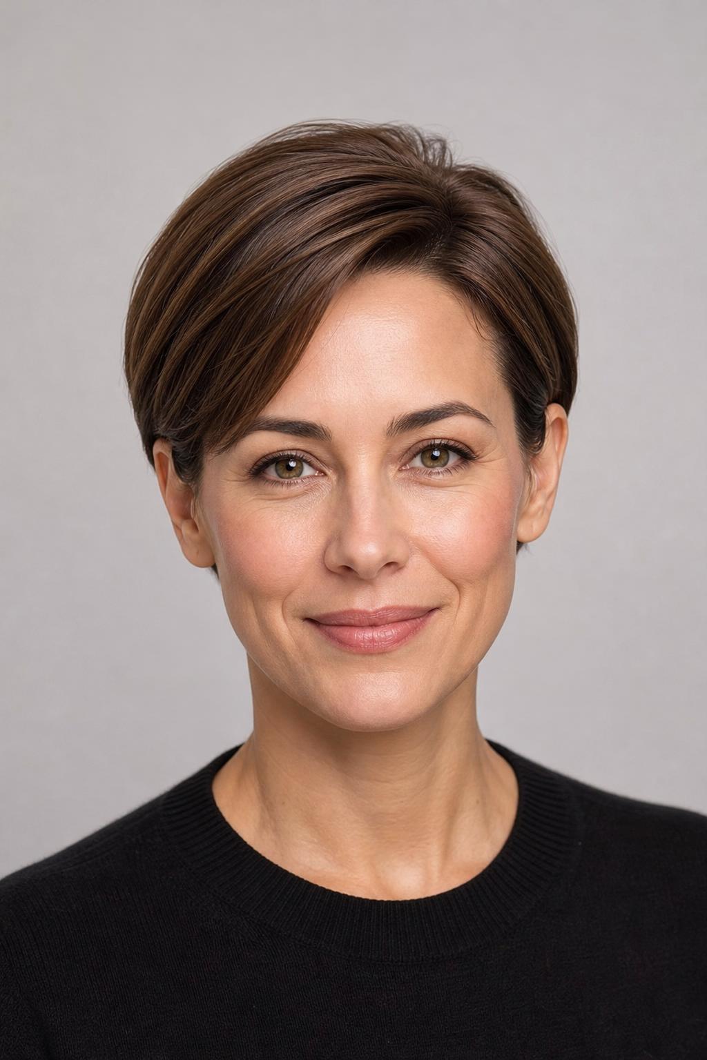 Longer Pixie Styled Behind Both Ears for a Clean Look on Straight Medium Brown Hair