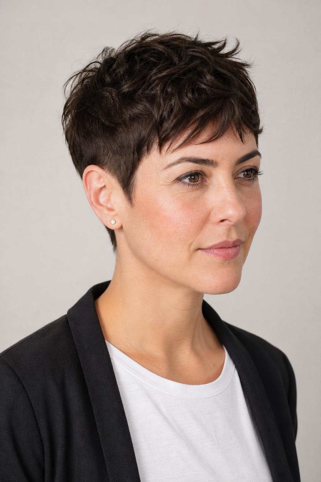 Internally Thinned Pixie for Thick Hair with Close-Lying Sides on Dark Thick Brunette Hair
