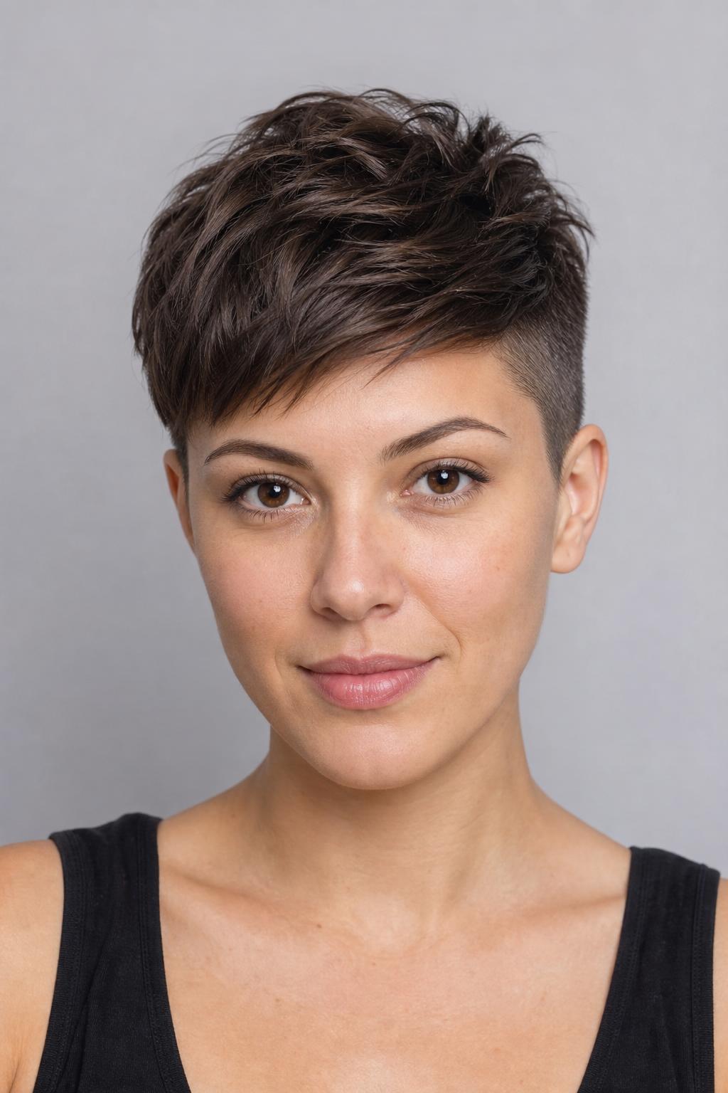 Classic Feminine Undercut Pixie with Closely Shaved Sides and Longer Top on Brunette Hair