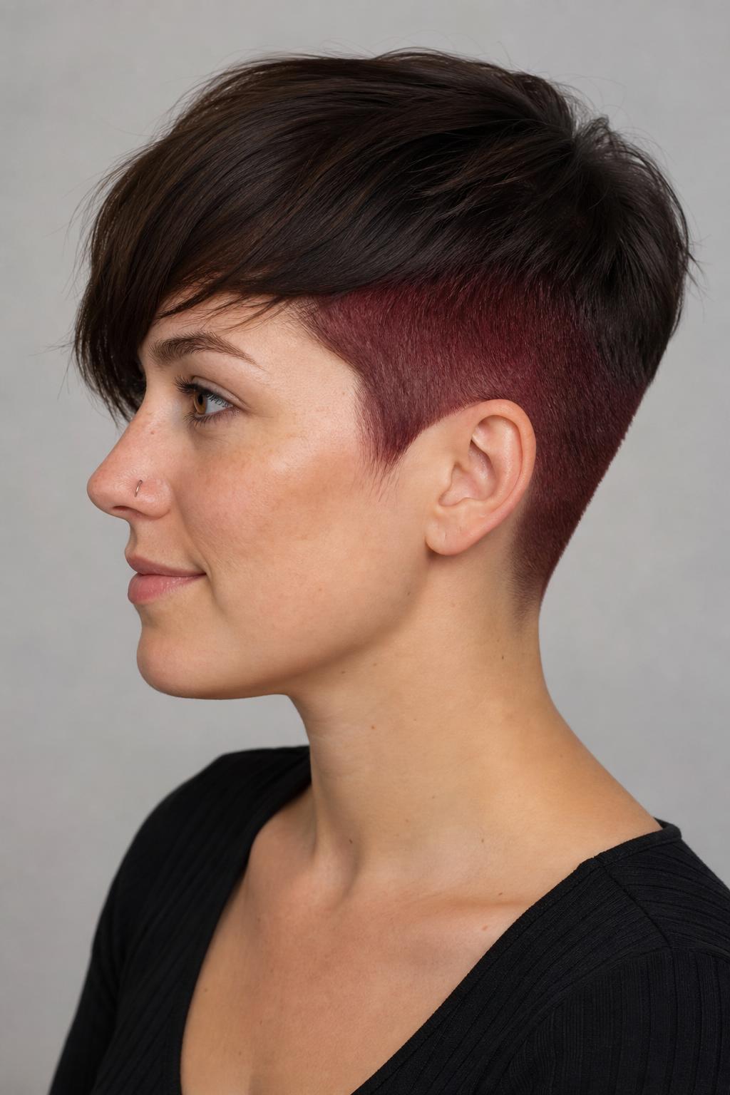 Disconnected Undercut Pixie with Bold Color on the Shaved Undercut Section Visible from the Side on Dark Hair