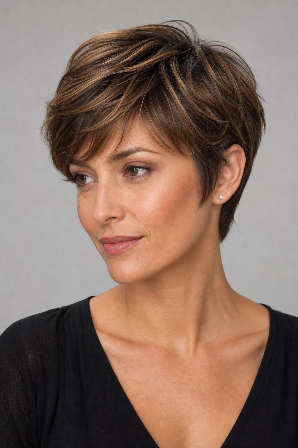 Warm Caramel-Toned Longer Pixie with Honey Color Throughout on Medium Brunette Hair
