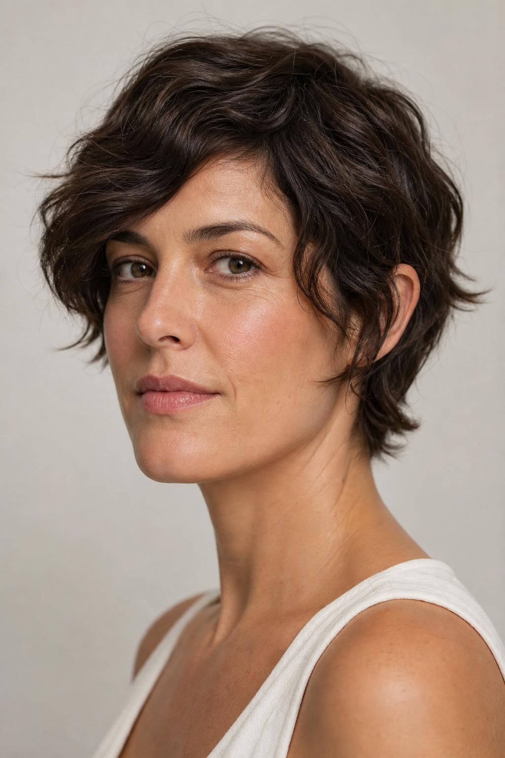 Wavy Longer Pixie with Natural Wave Movement at Sides and Crown on Medium Wavy Brunette Hair