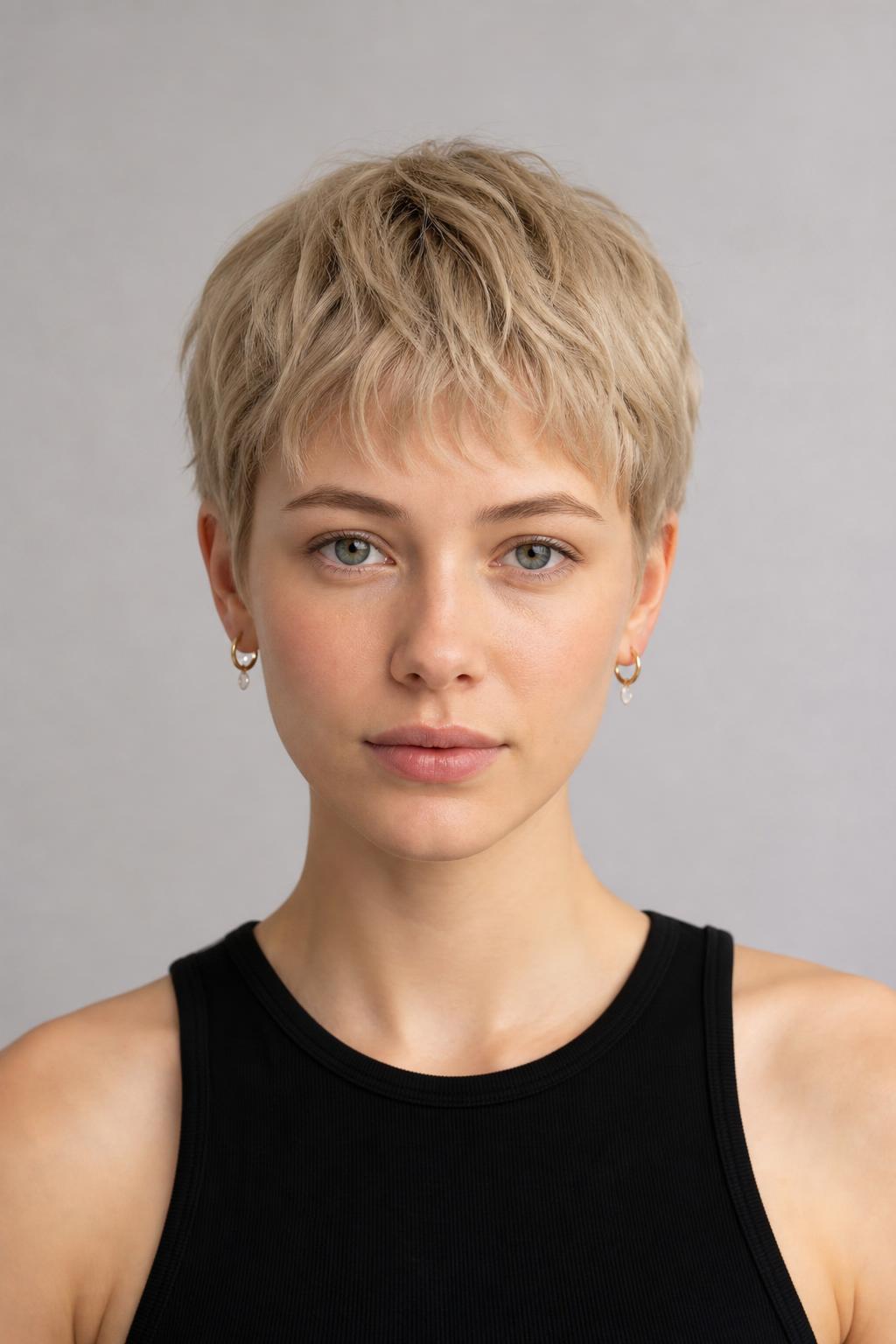 Wispy Micro Fringe Pixie with Separated Fringe Tips Above the Eyebrows on Fine Ash Blonde Hair