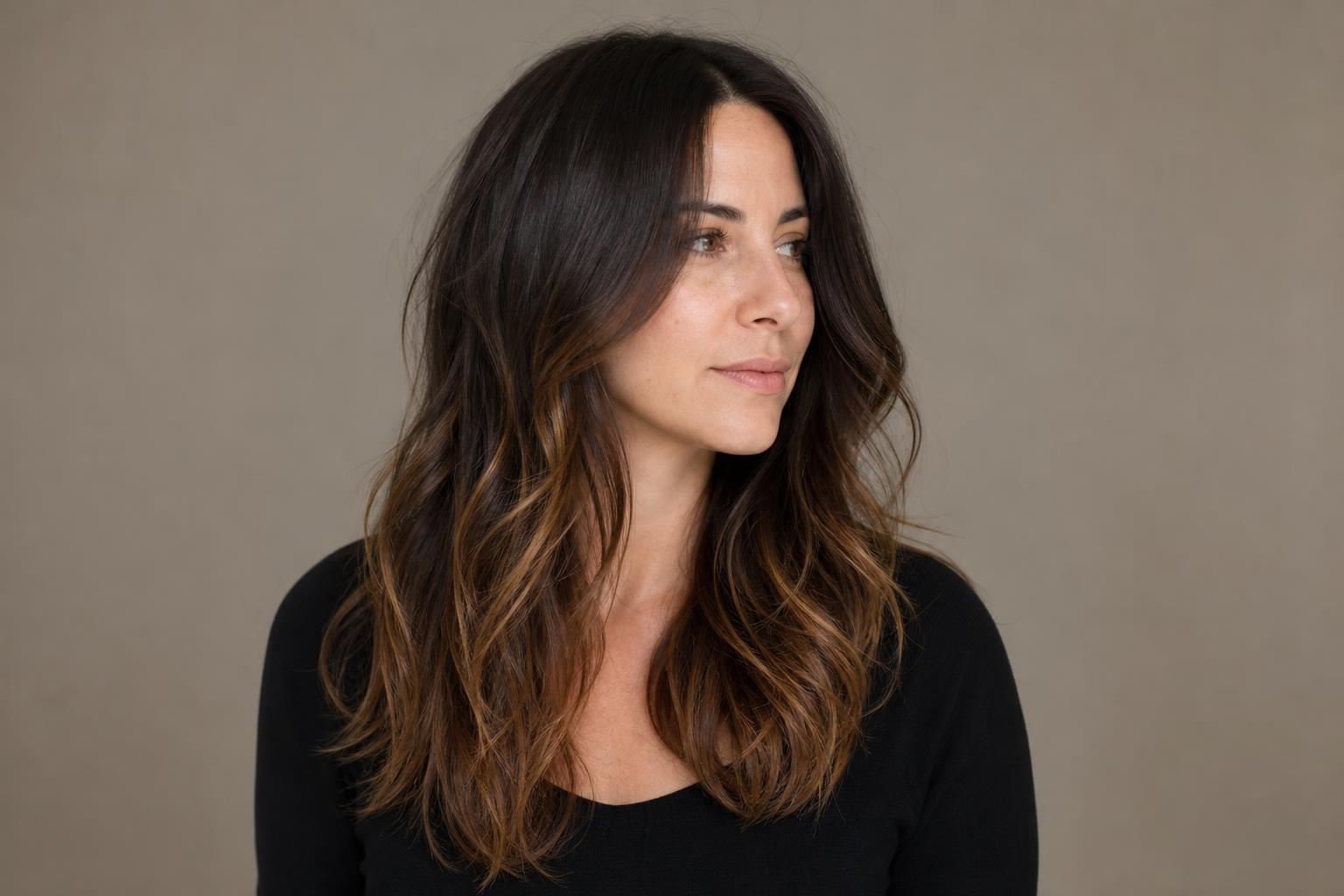 Seamless Balayage Brightening the Ends of Dark Brown Hair with No Visible Bands