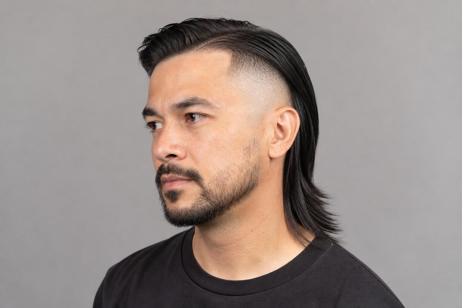 Skullet Haircut with High Skin Fade and Long Straight Back on Dark Hair