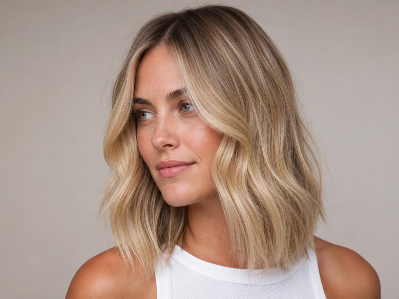 Soft Brushed Blonde Hair with a Shadowed Root and Low-Contrast Beige Dimension on Loose Waves