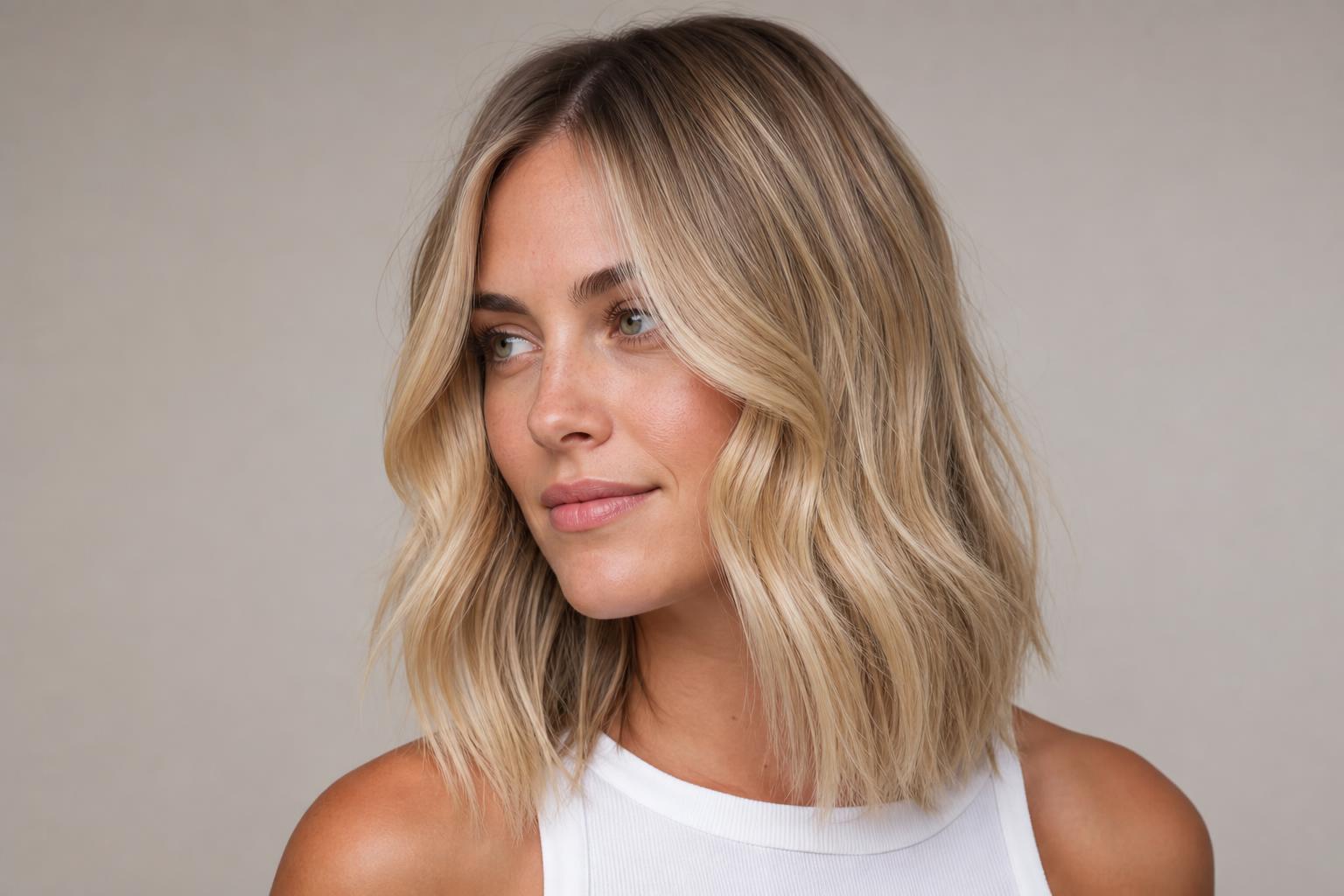 Soft Brushed Blonde Hair with a Shadowed Root and Low-Contrast Beige Dimension on Loose Waves