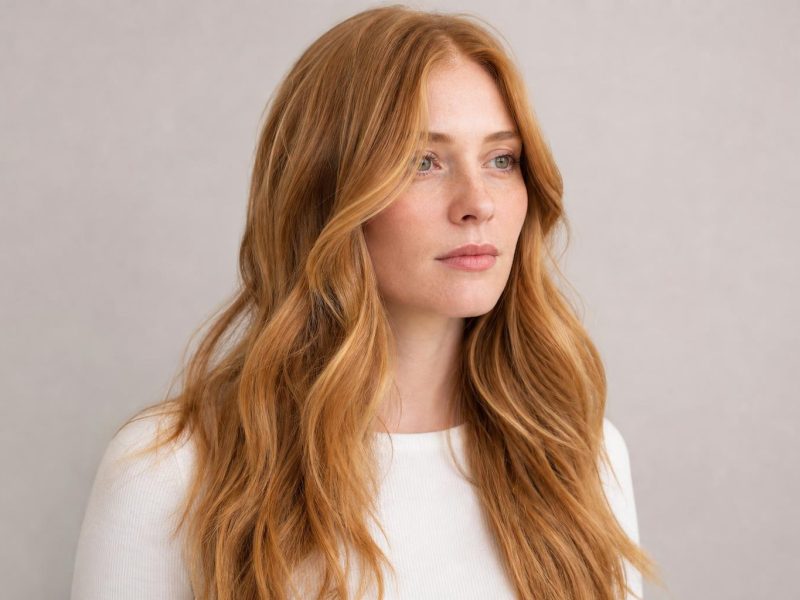 Strawberry Blonde Hair in a Warm Reddish Gold Shade on Long Waves