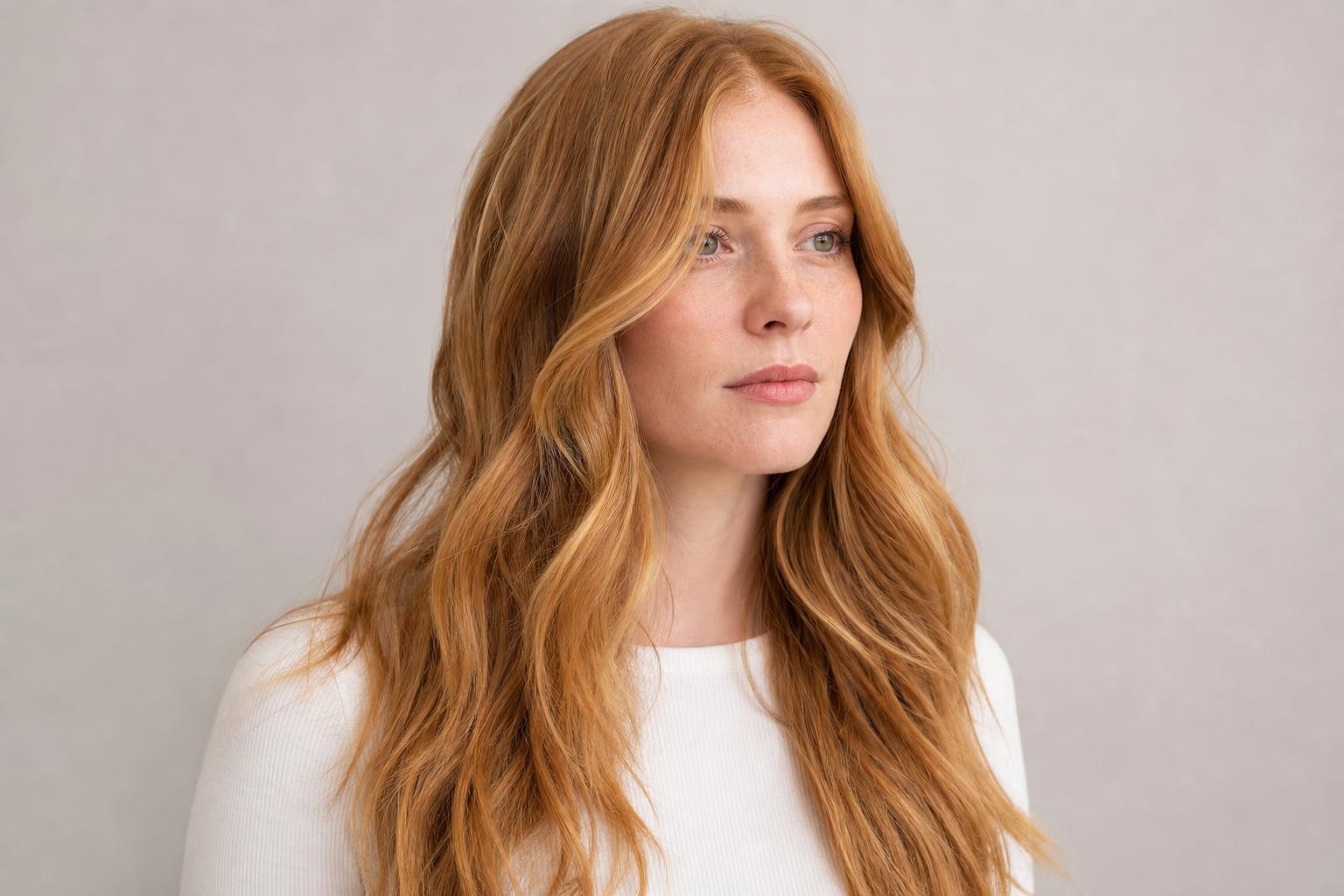 Strawberry Blonde Hair in a Warm Reddish Gold Shade on Long Waves