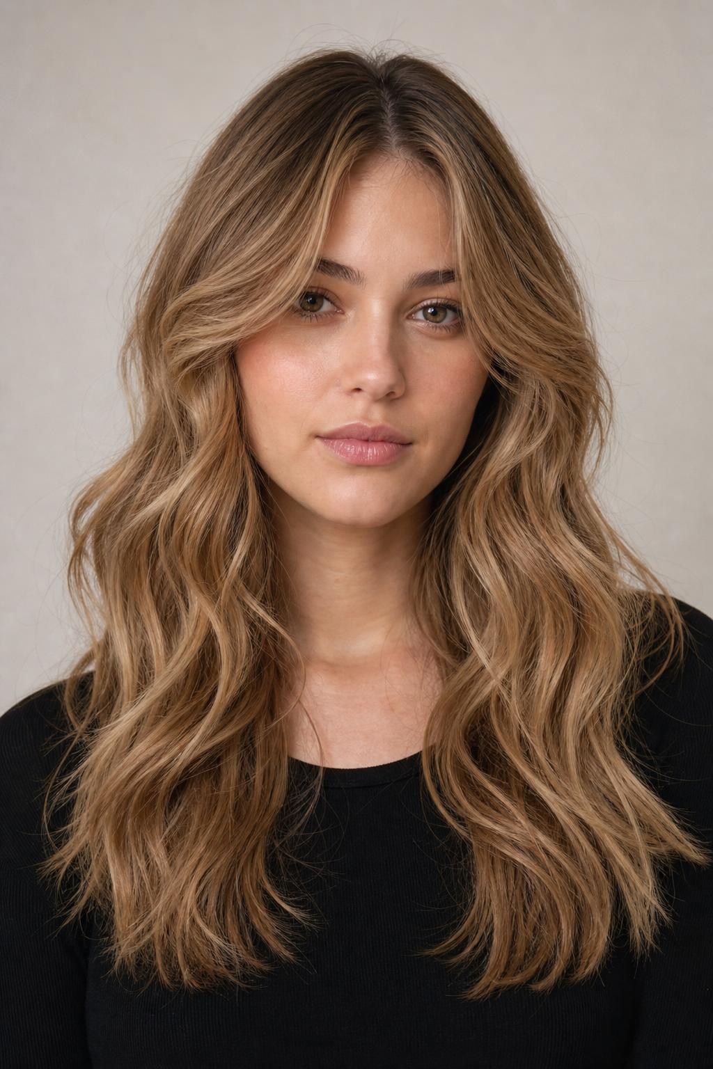 Muted Antique-Gold Teddy Bear Blonde on Cooler Skin with Soft Waves