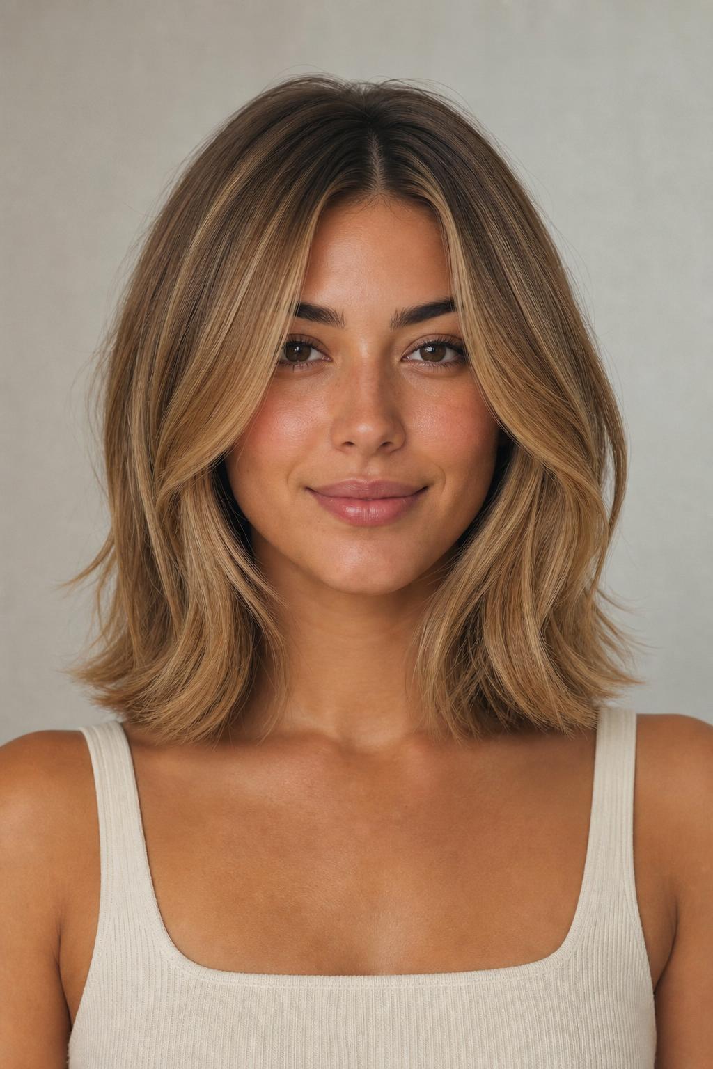 Teddy Bear Blonde Babylights with Honey and Toffee Dimension on Shoulder-Length Hair