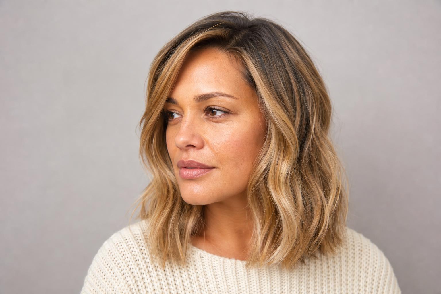 Teddy Bear Blonde with Honey and Toffee Blend and Soft Root on Wavy Hair