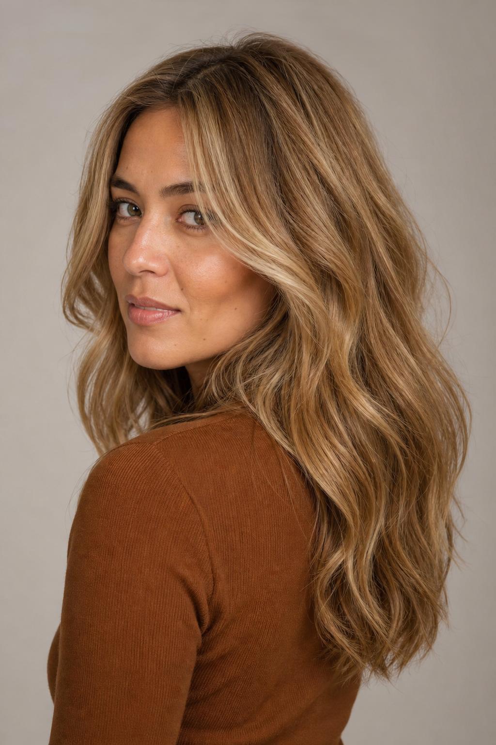 Teddy Bear Blonde Blended with Warm Caramel for Autumnal Depth on Wavy Hair