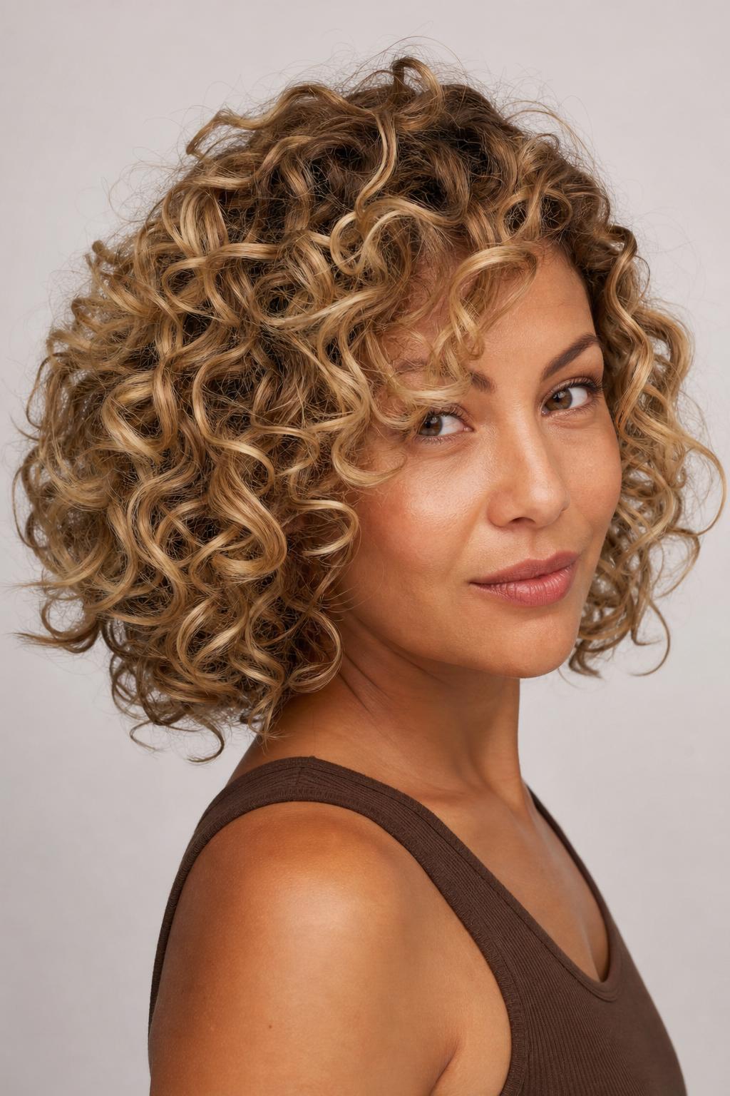 Teddy Bear Blonde Warmth on Natural Curls with Honey and Toffee Dimension