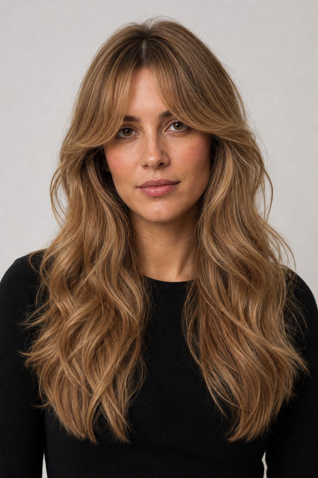 Teddy Bear Blonde with Soft Curtain Bangs and Warm Face-Framing on Long Waves