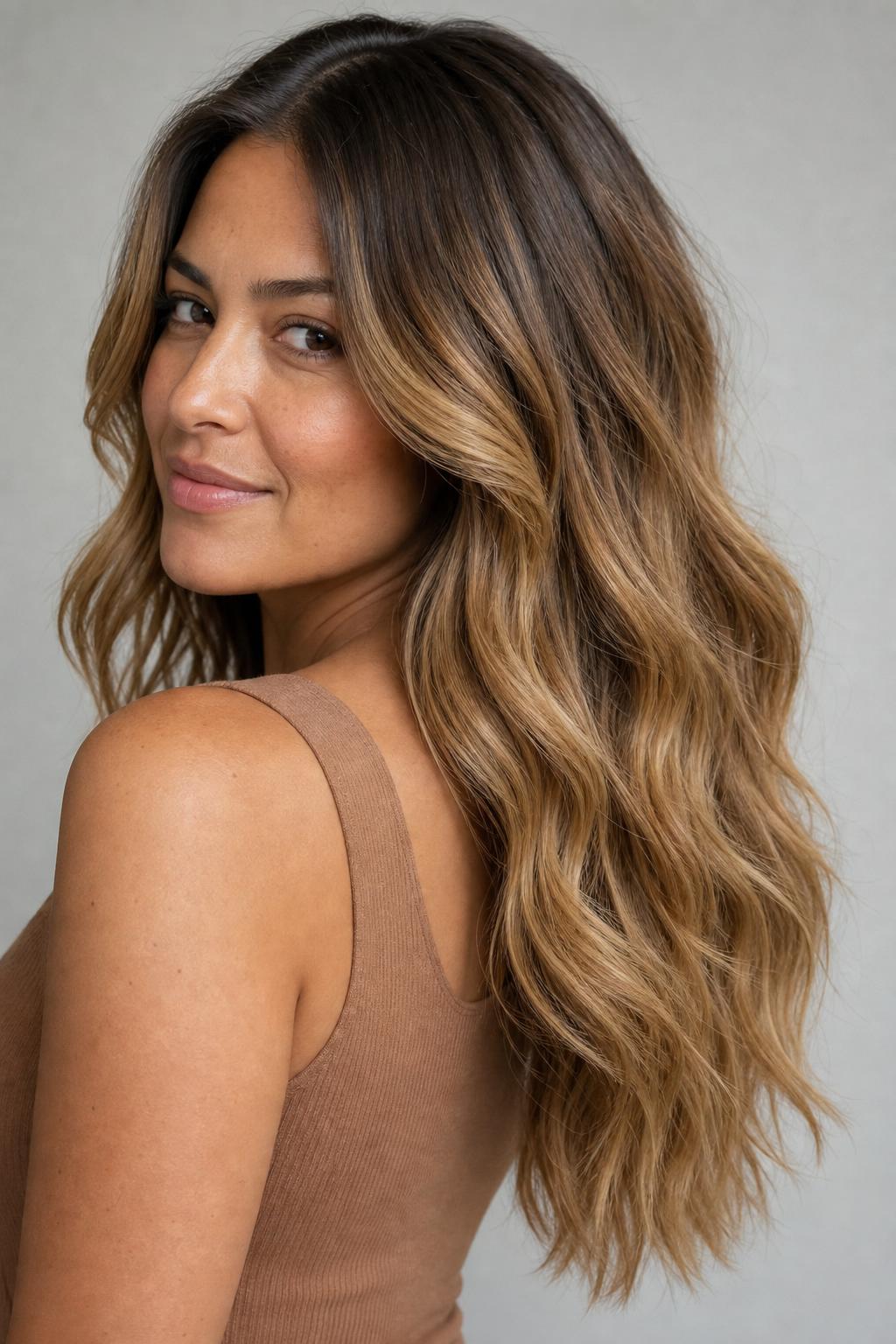 Teddy Bear Blonde Lengths over a Dark Brown Rooted Base on Long Wavy Hair