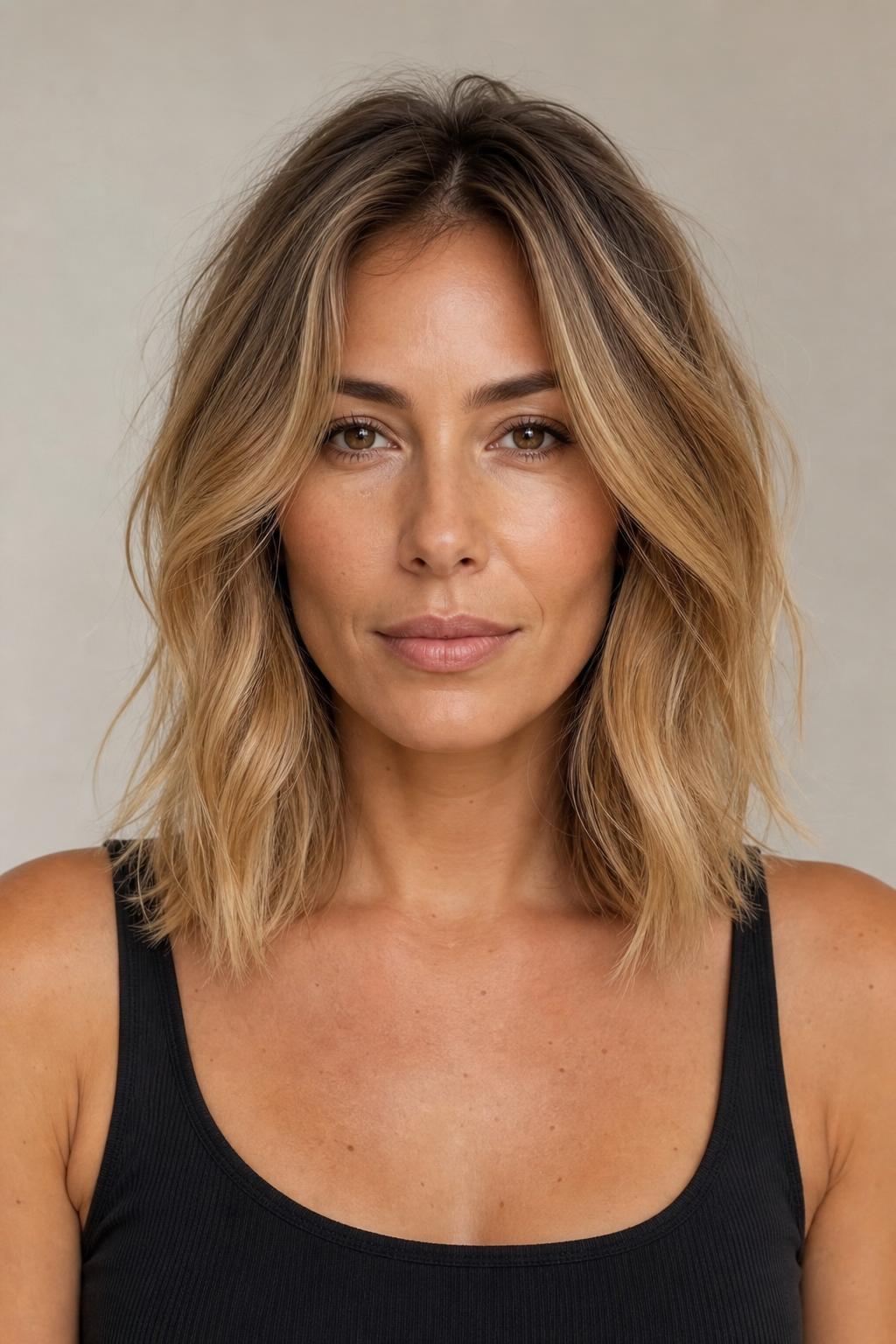 Teddy Bear Blonde with Deeper Warm Root for Volume on Fine Shoulder-Length Hair