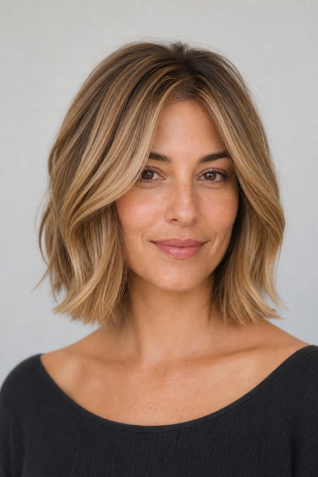 Teddy Bear Blonde Lob with Warm Dimension and Soft Bend on Collarbone Hair