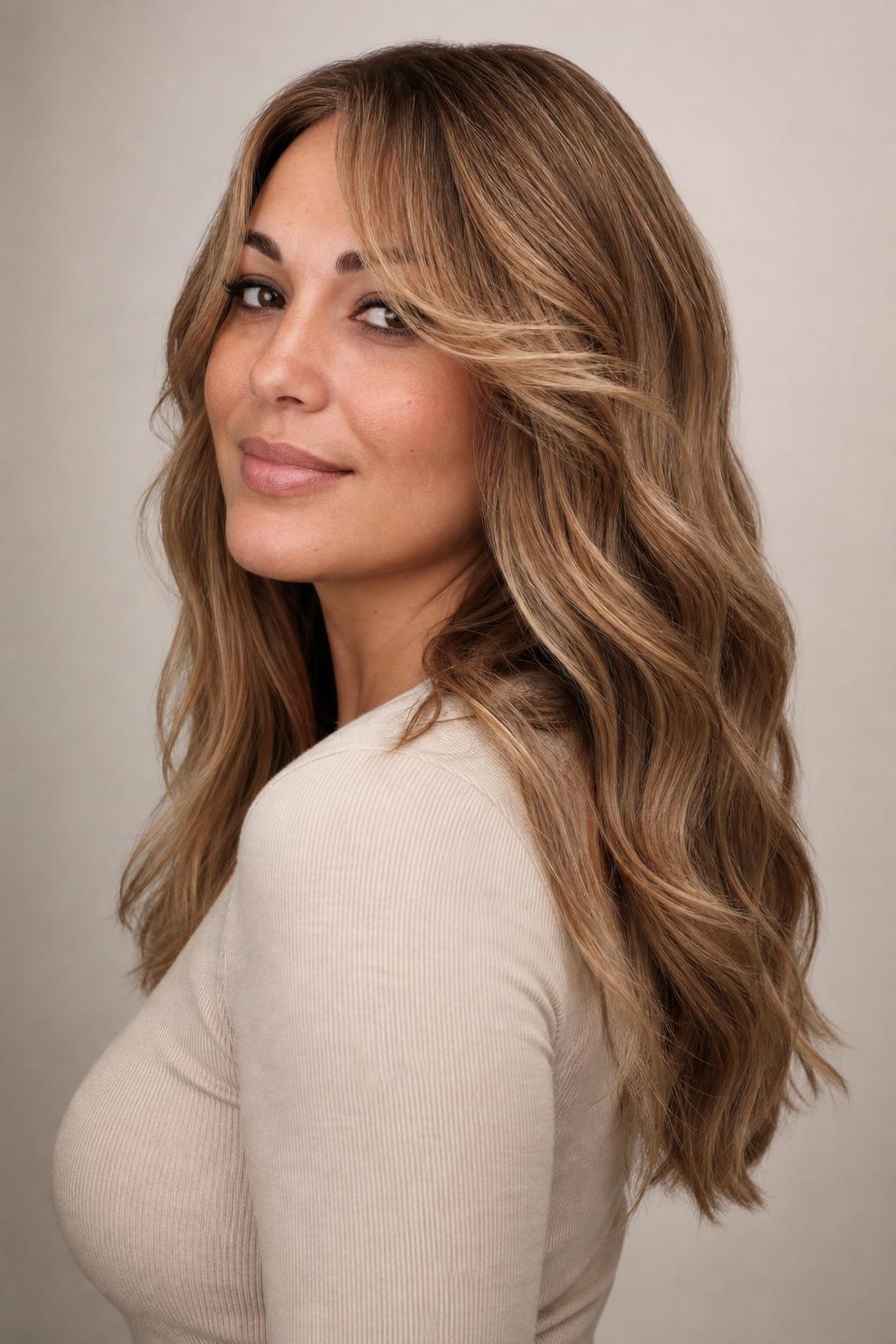 Dimensional Teddy Bear Blonde with Warm Toffee Lowlights on Thick Long Hair