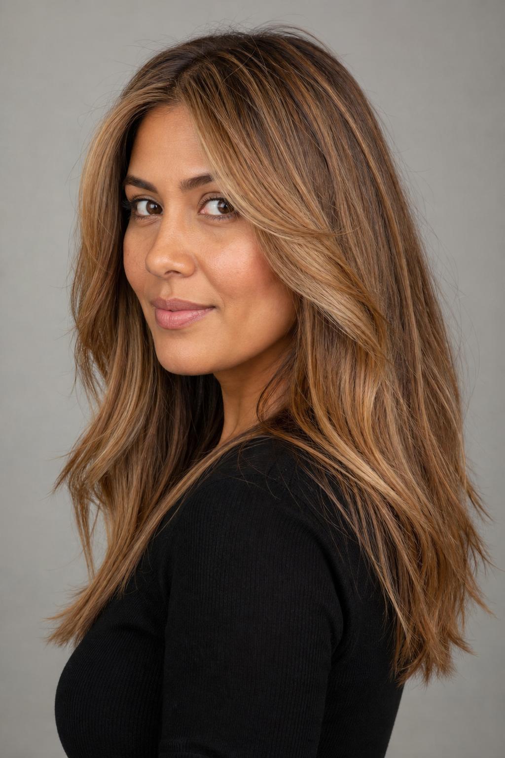 Warm Teddy Bear Blonde on Olive Skin with Toffee Depth and Long Layers