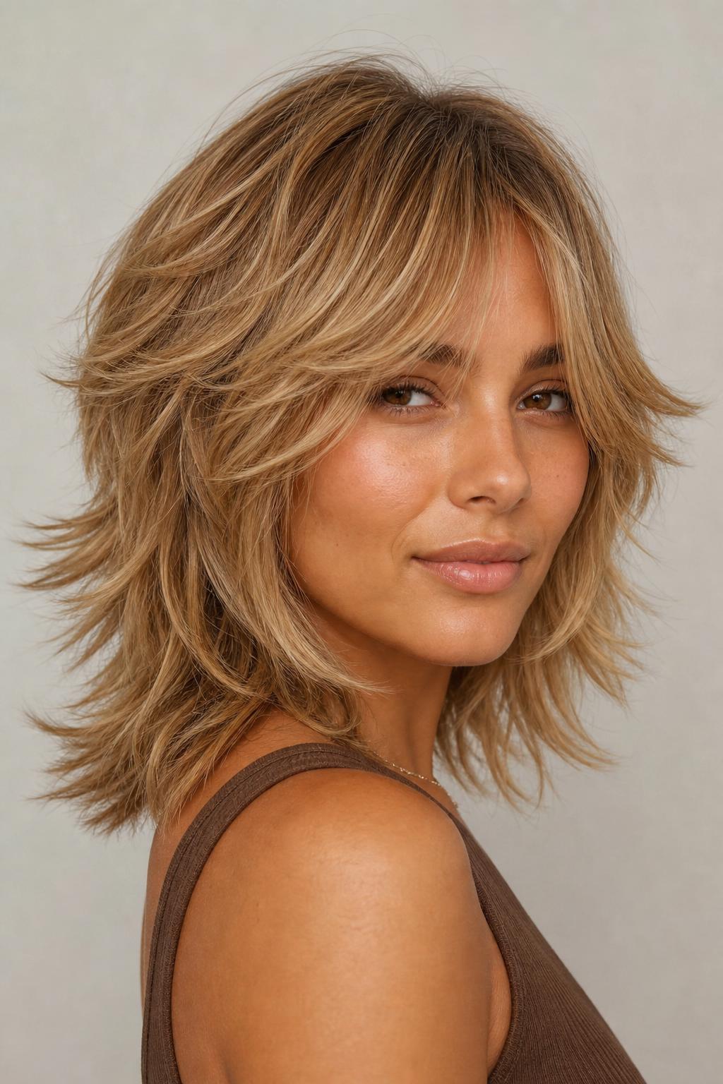 Teddy Bear Blonde on a Layered Shag with Warm Flicked Ends on Medium Hair