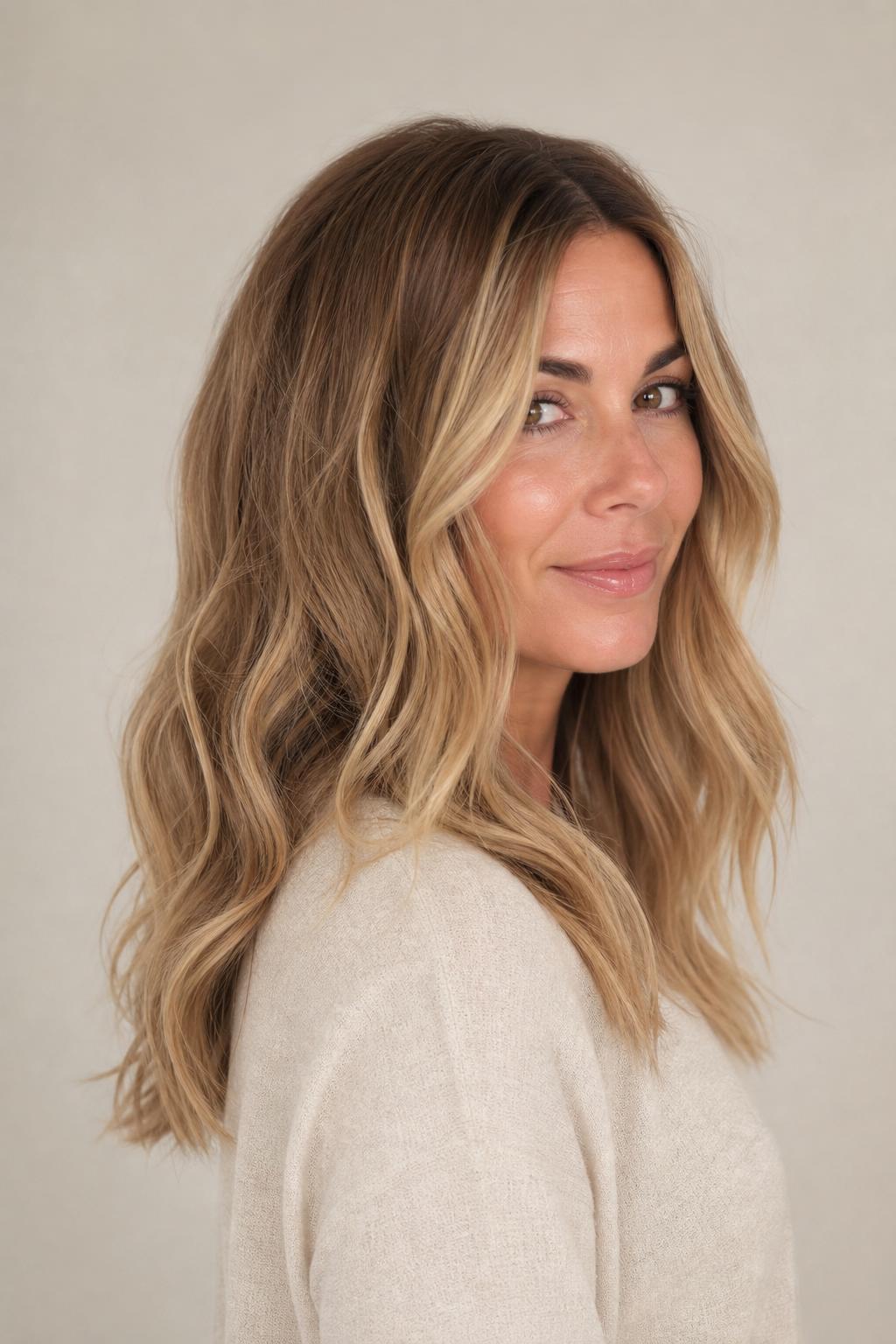 Teddy Bear Blonde with Deep Toffee Root Melting into Warm Blonde on Wavy Hair