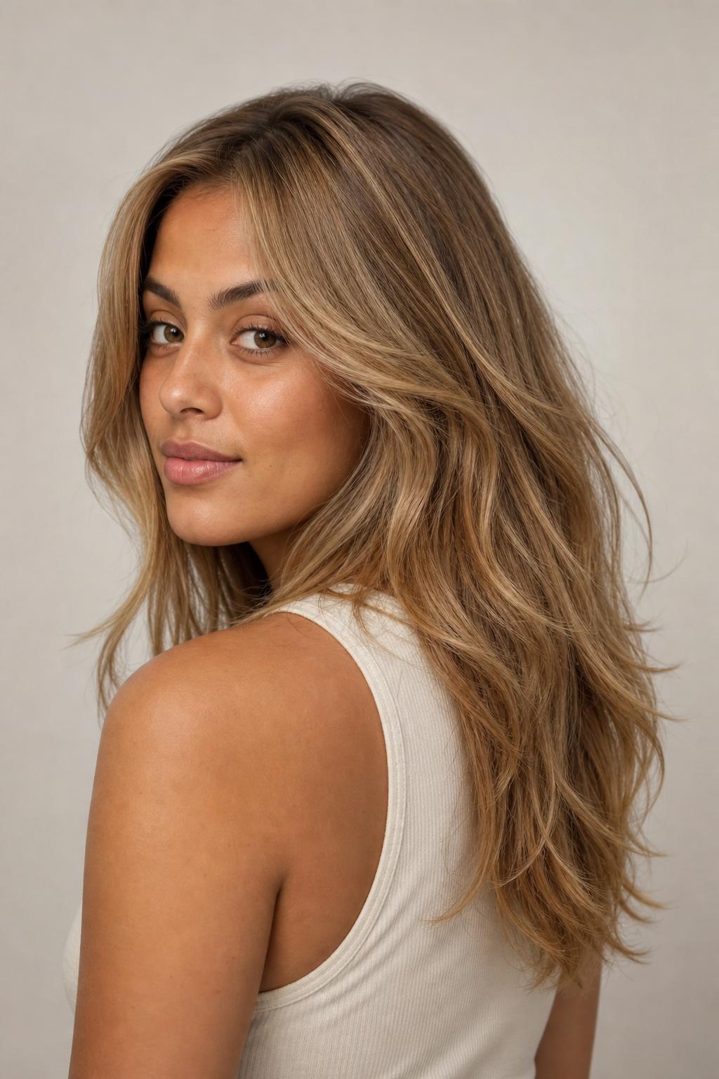 Teddy Bear Blonde Soft Waves with Warm Honey and Toffee Dimension on Long Hair