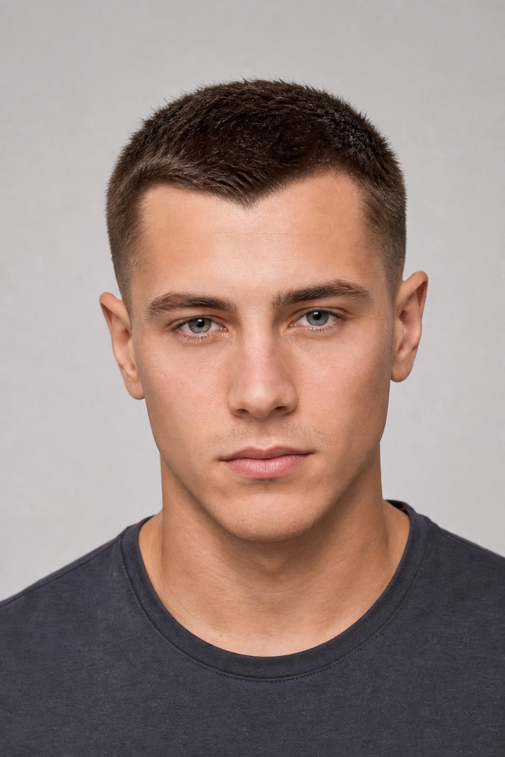 Crew Cut with a Soft Taper and Softened Hairline